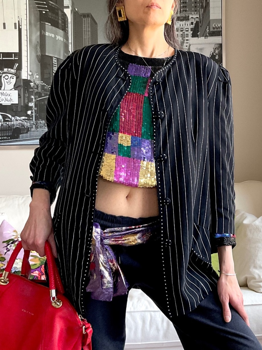 Vintage striped and dot print lightweight blazer